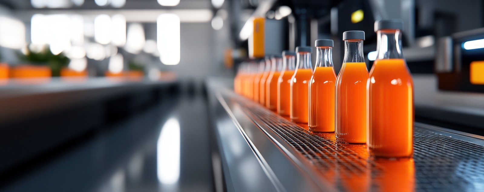 juice bottles on conveyor belt in factory