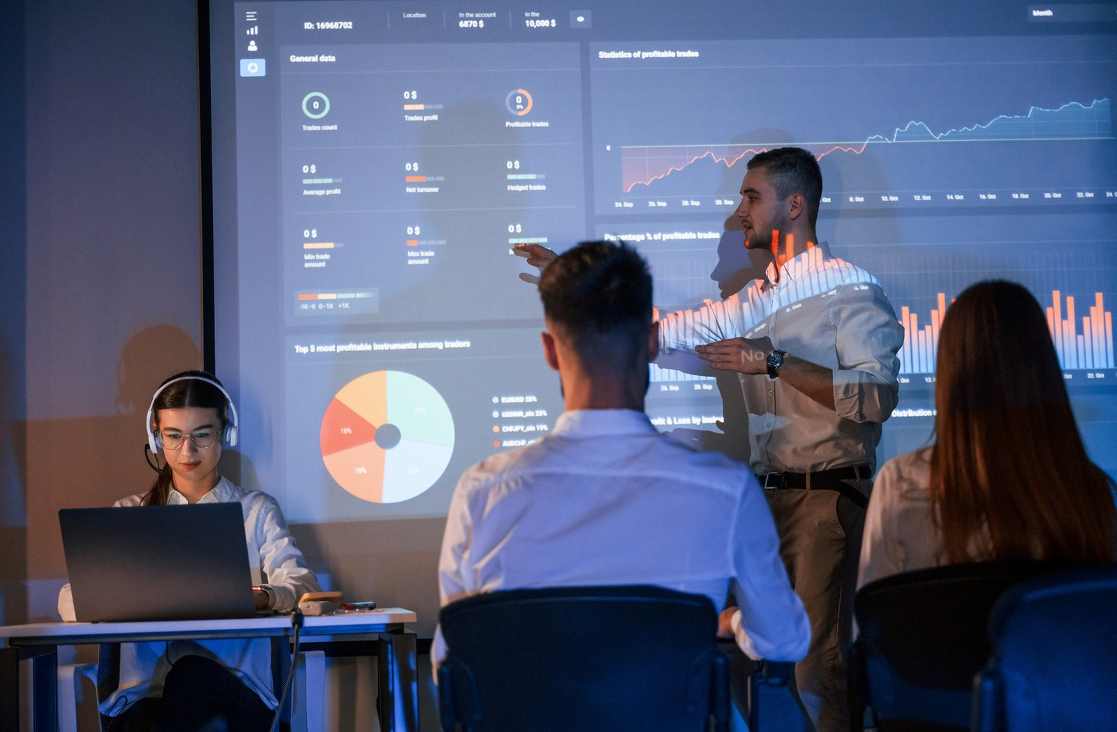 master class. male leader talking to employees, showing the plan on the projector in office of stock exchange company