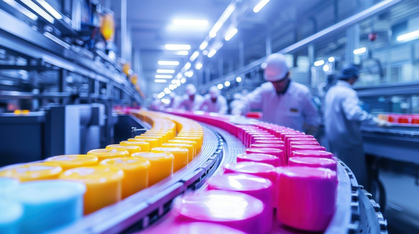 workers in clean uniforms operate machinery along a vibrant production line, crafting colorful soap bars in a well lit factory environment